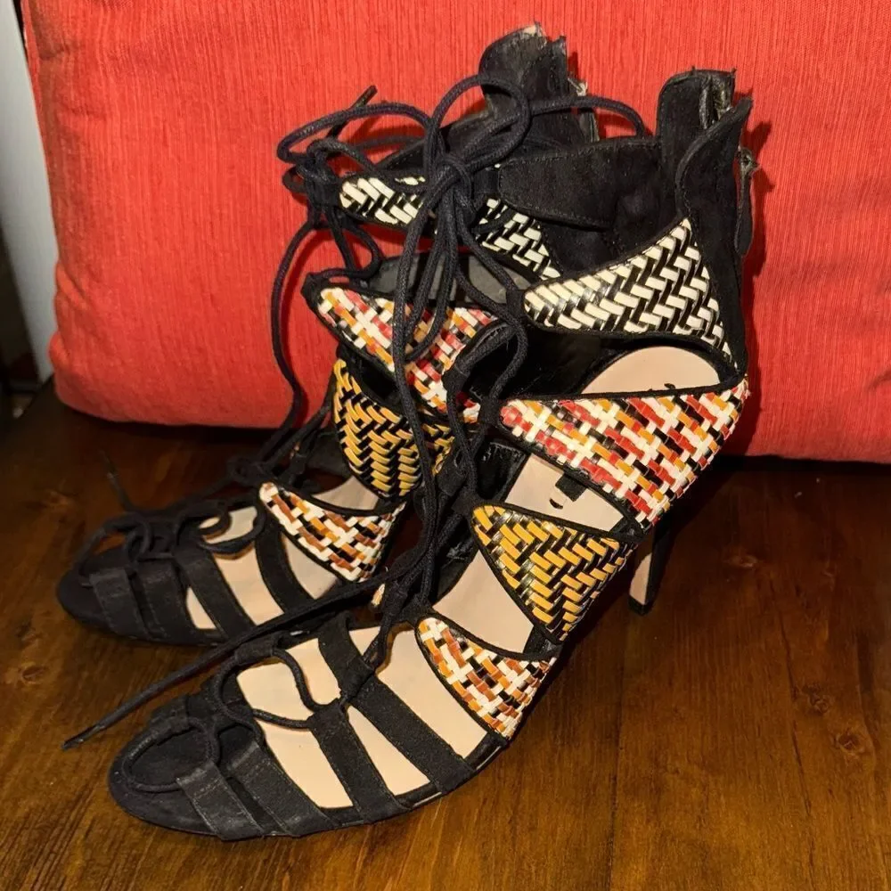 ZARA Sandal Strappy Black Faux Suede Woven Multicolor Stiletto Heel EUC sz 41